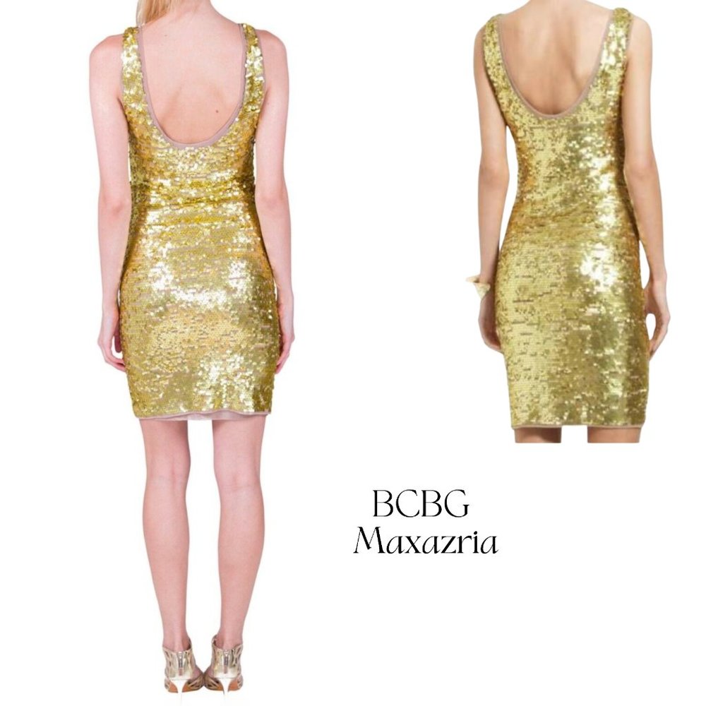 BCBG MAXAZRIA GLAM GOLD SEQUIN STRETCHY BODYCON DRESS SCOOP NECK, LINED SZ S - Picture 2 of 7